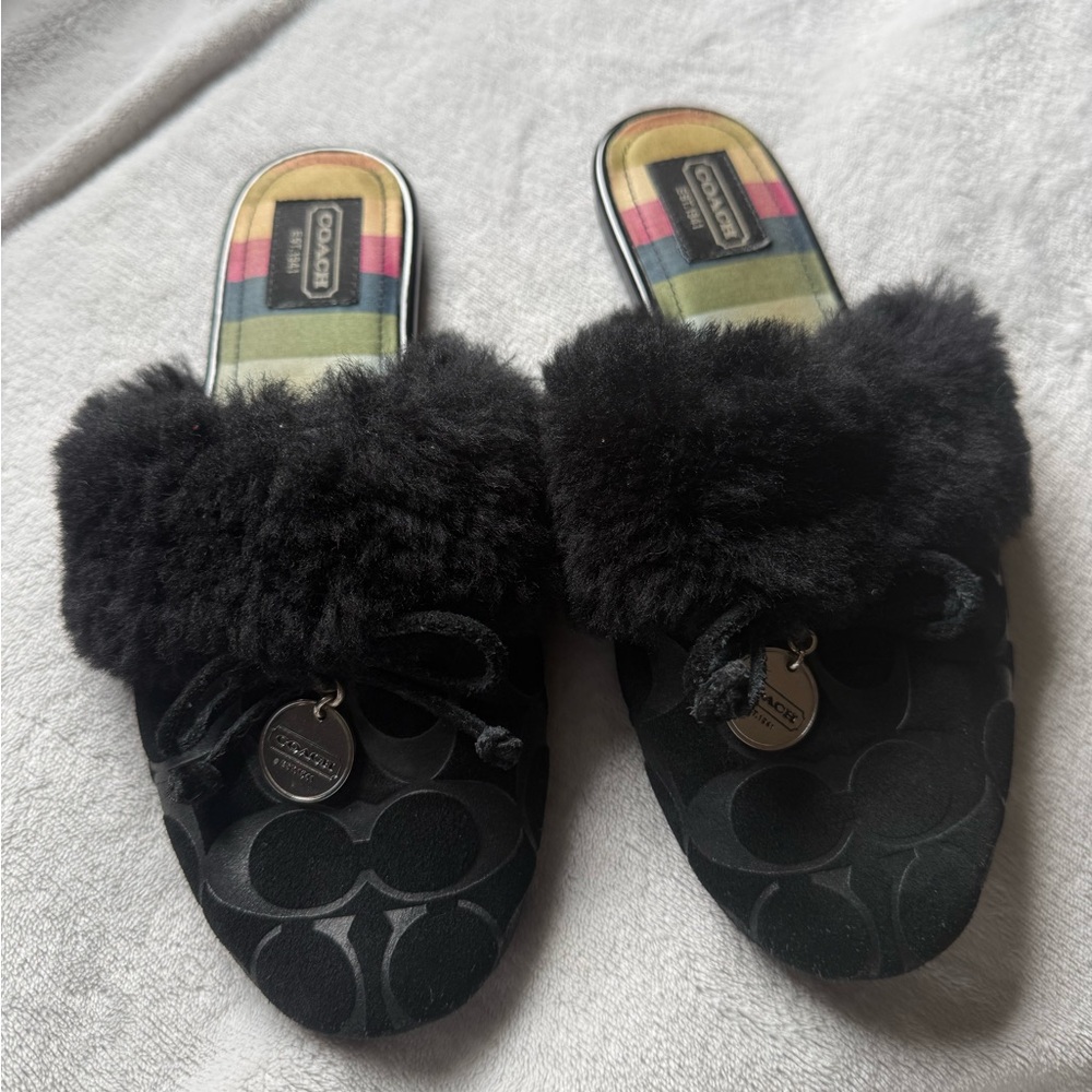 Coach Women's Black Fur Slippers 8 1/2